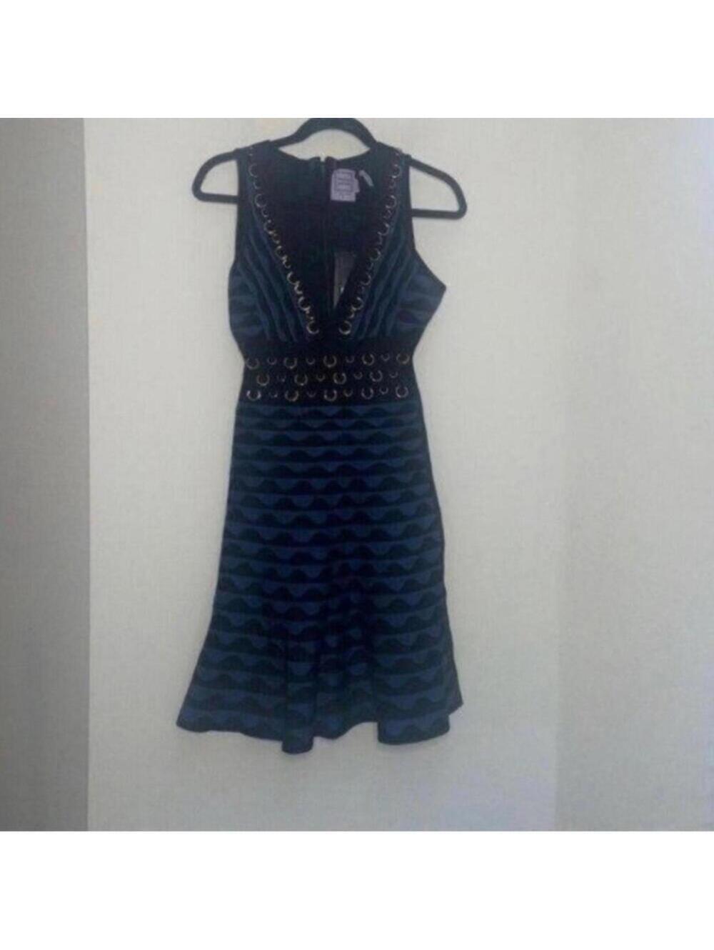 NWT Herve Leger by Max Azria Katrin Blue and Black Bandage Ruffle Hem designer